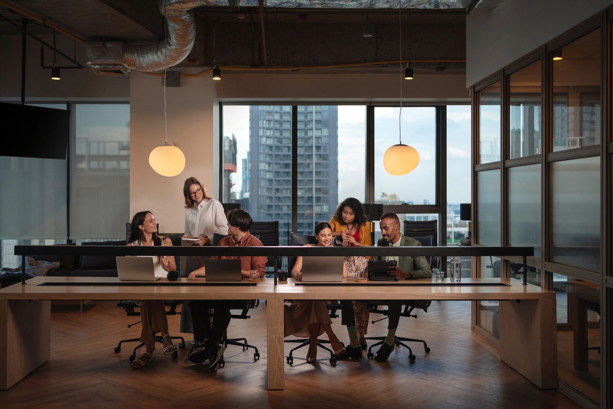 Business consulting team collaborating in a modern office