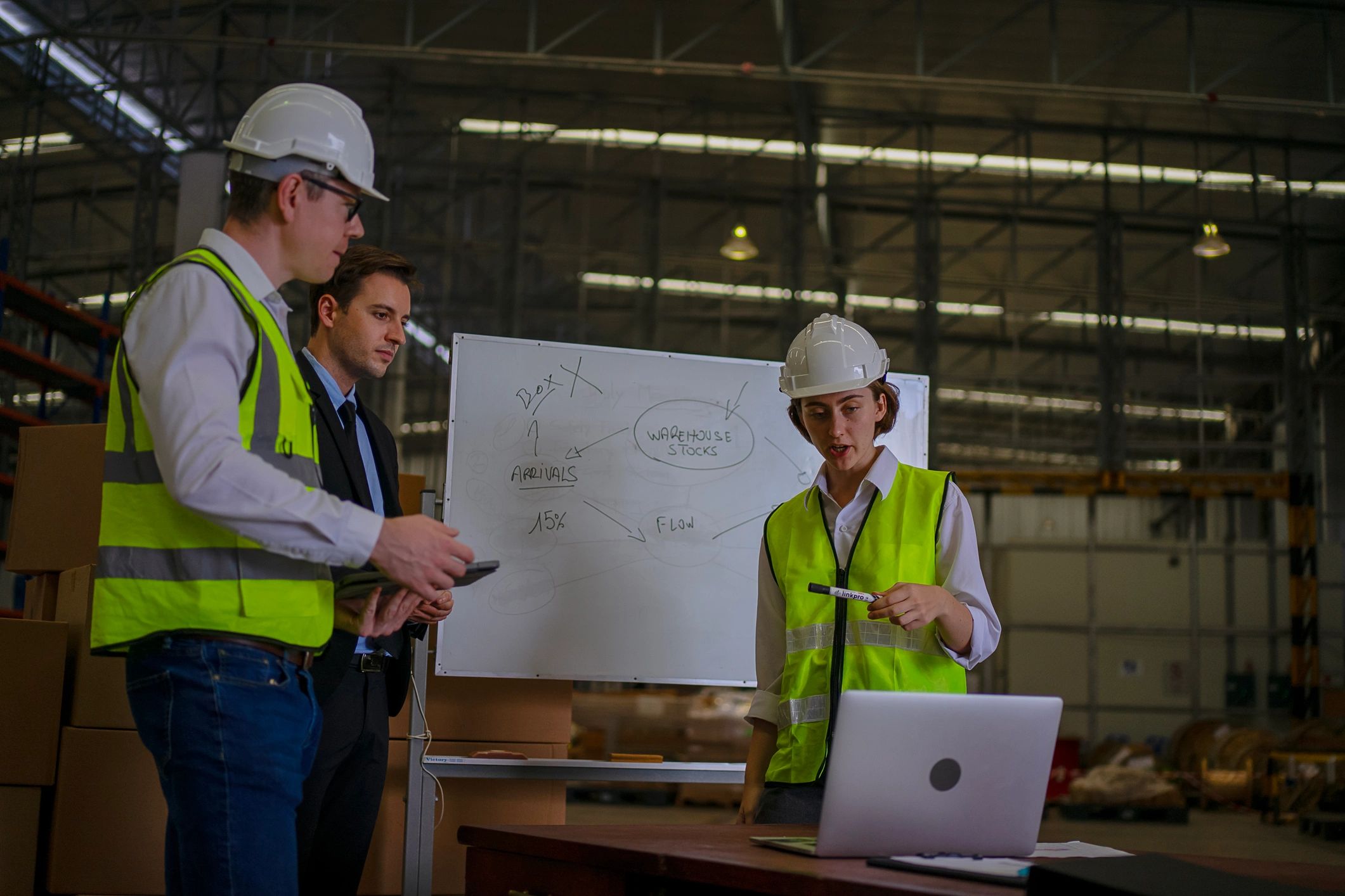Operations team meeting in an industrial setting