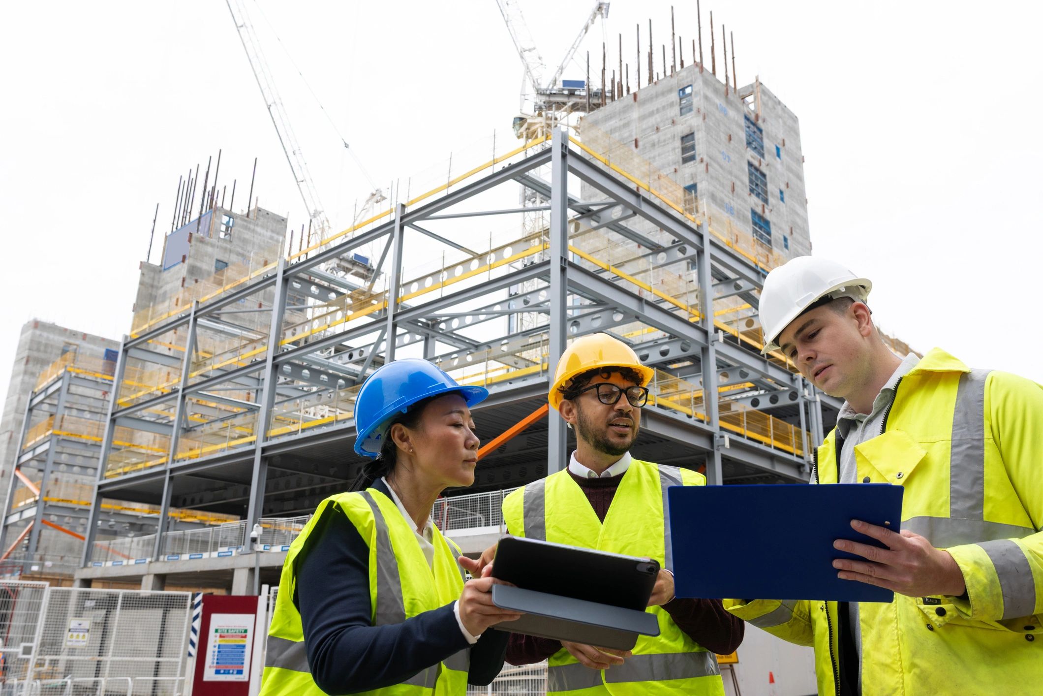 Construction manager and architect reviewing plans on-site